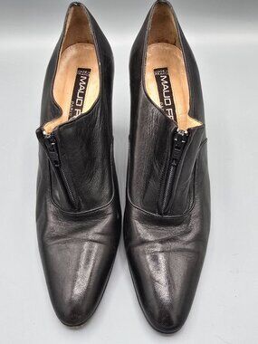 Vintage 1980s Maud Frizon Paris Black Leather Zip-Front Ankle Pumps (7.5B)
